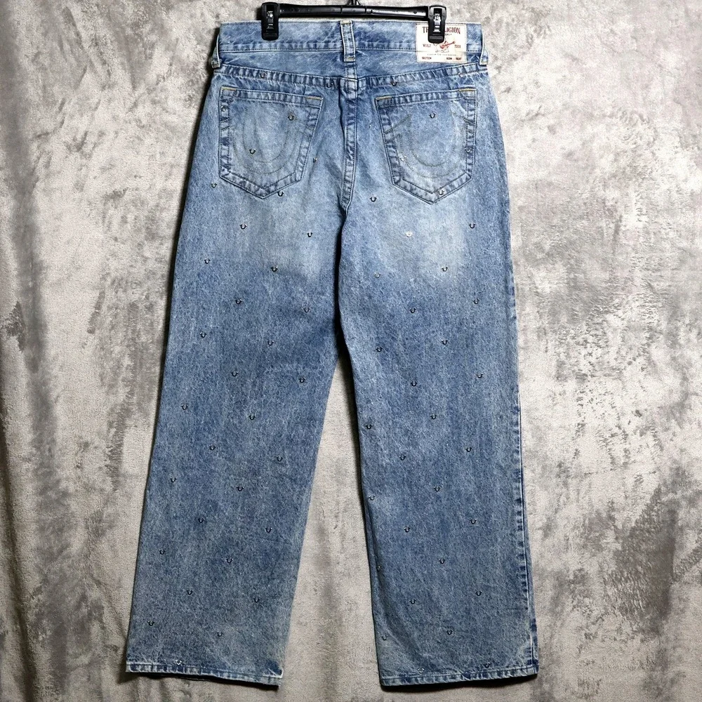 True Religion Jeans Mens 34x32 Blue Vinny Baggy All Over Logo Wide Leg Skater